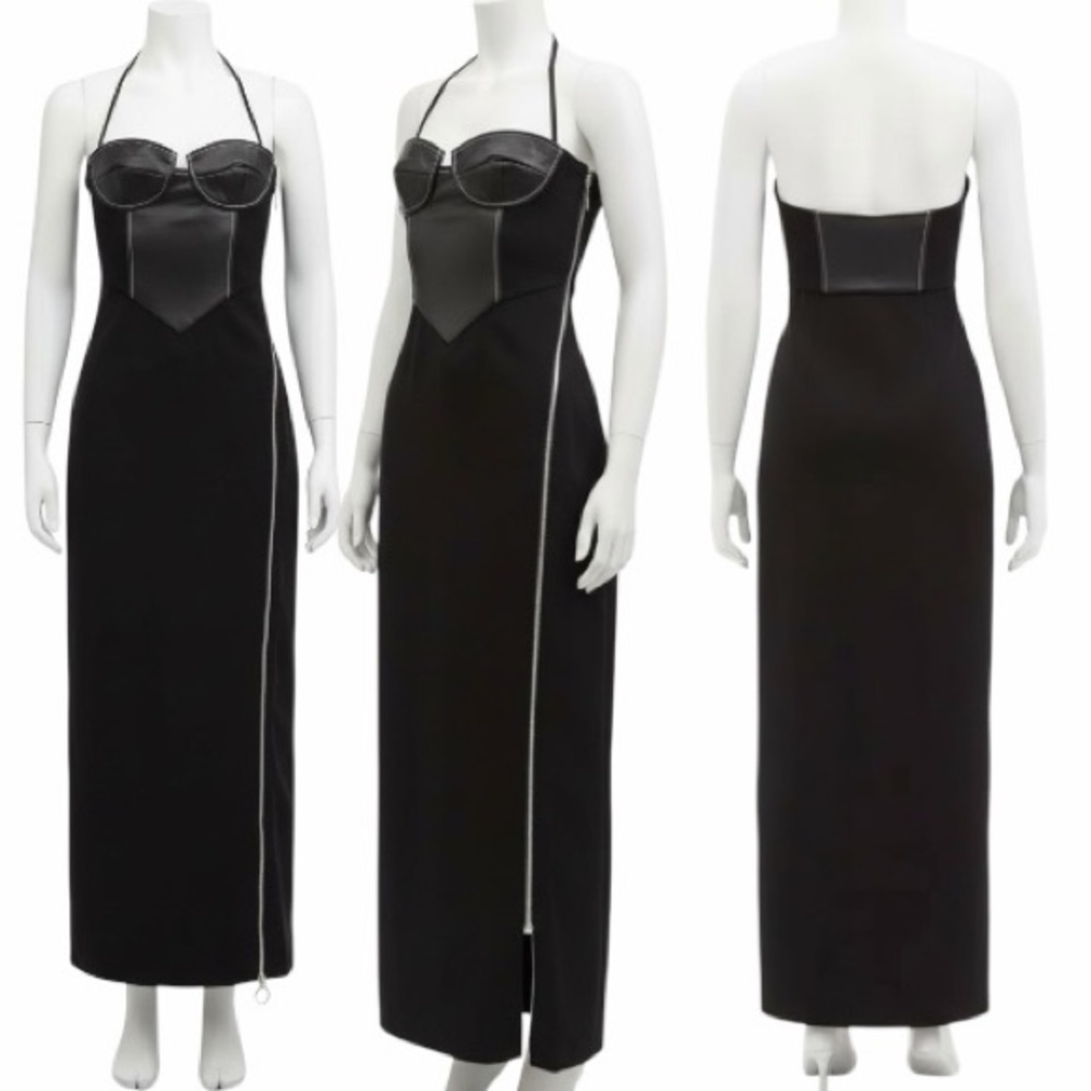 STAUD Hindley Faux Leather Corset Halter Neck Exposed Zipper Black Midi Dress - Picture 13 of 16